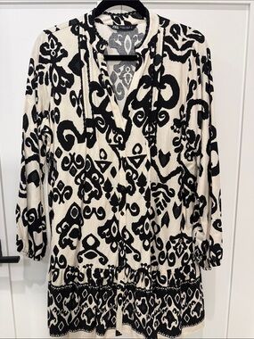 Zara Black & Cream Long Sleeve Printed Tunic Dress